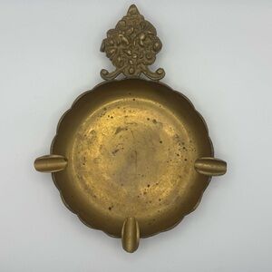 Vintage Brass Ashtray Ornate Floral Crest Scalloped Edge Made in India